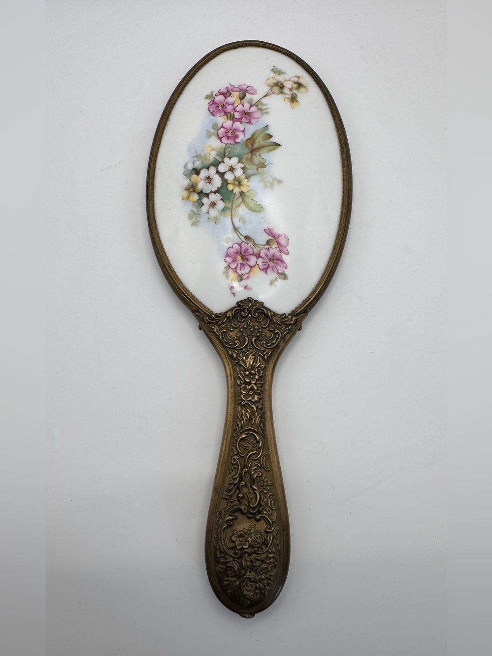 Vintage Porcelain Hand Painted Floral Brass Victorian Beveled Glass Hand Mirror